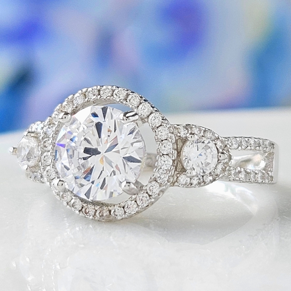 Classic Engagement Style Round Halo ring,  925 Sterling Silver